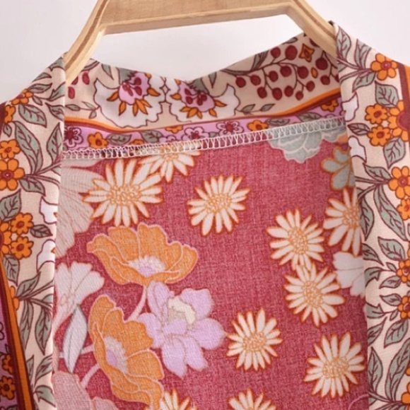 Wine Floral Bohemian Short Floral Kimono Wrap Top - Picture 8 of 12